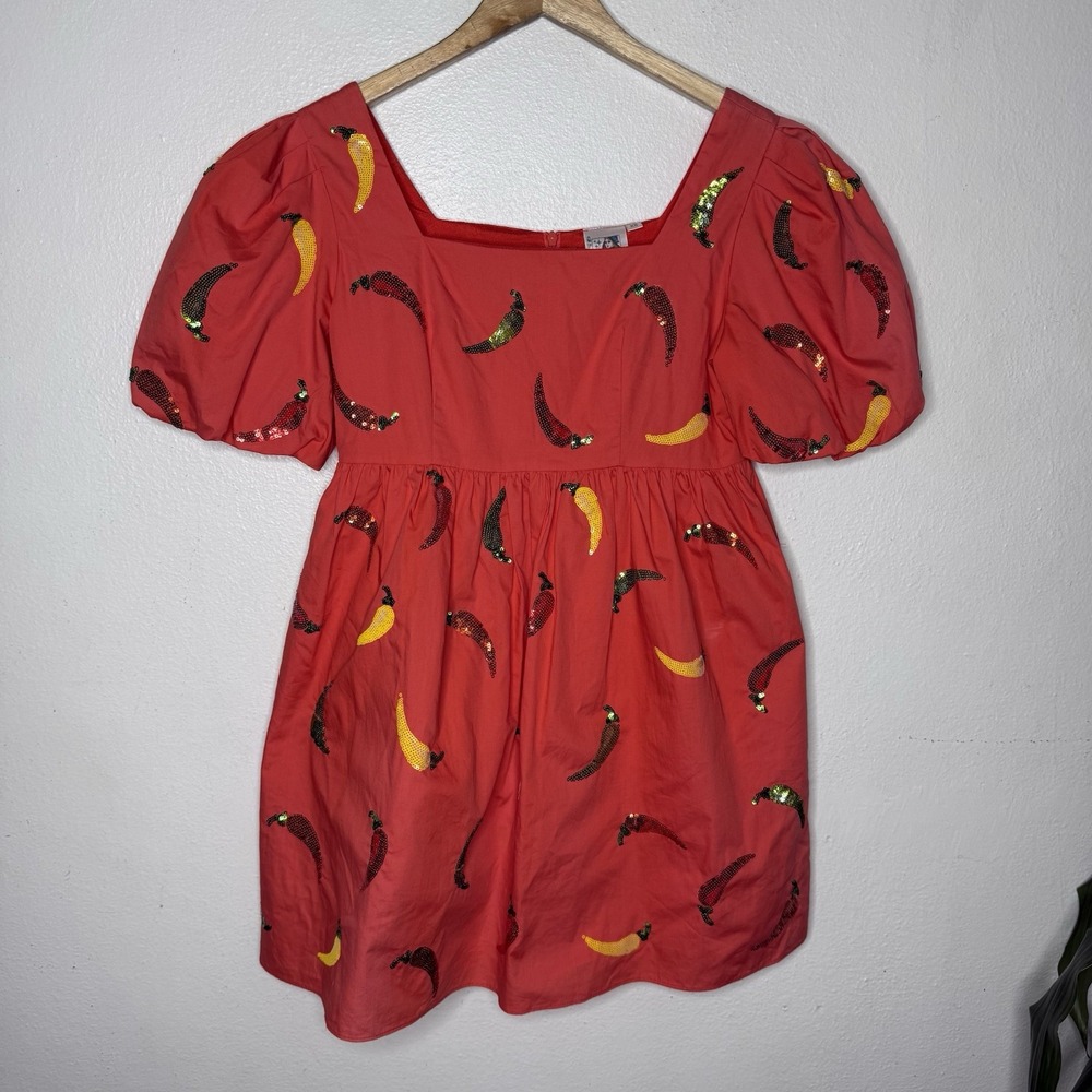 Queen Of Sparkles Chili Pepper Red Puff Sleeve Dress Women's XS **READ
